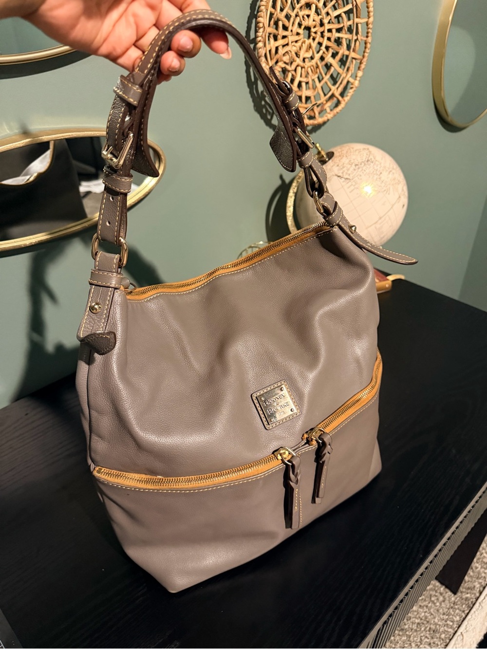 Dooney & Bourke Taupe Pebbled Leather Hobo Shoulder Bag – Gold Hardware